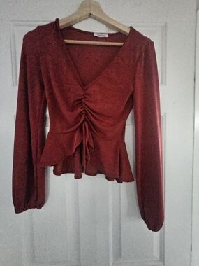 Rust Red Long-Sleeve Peplum Ruched Top